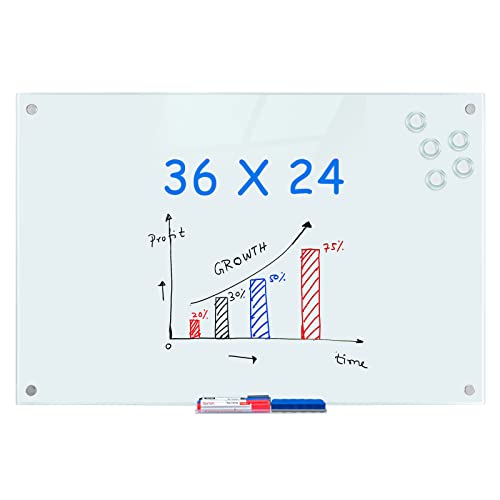 maxtek Magnetic Glass Dry Erase White Board, 36 x 24 Inches Glass Board for Wall Mounted, Includes 6 Magnets, 3 Markers and 1 Eraser for Classroom Home, Office Supplies (White)