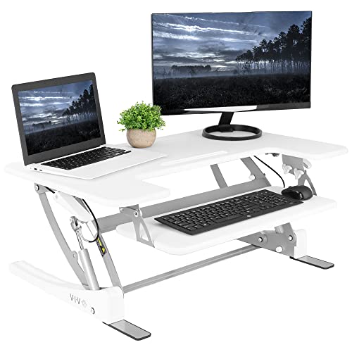 VIVO 36 inch Height Adjustable Stand Up Desk Converter, V Series, Quick Sit to Stand Tabletop Dual Monitor Riser Workstation, White, DESK-V000VW