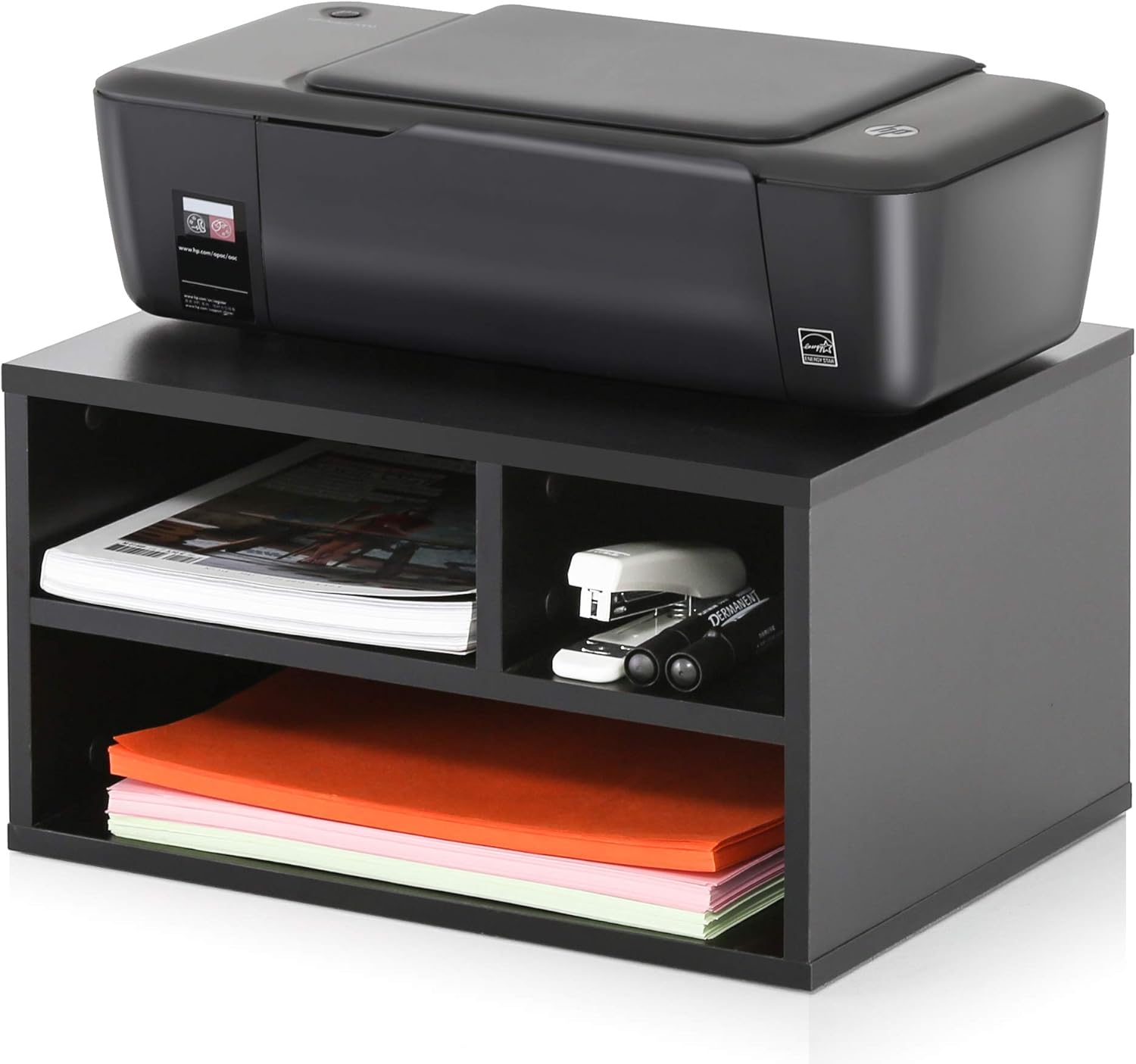 FITUEYES Printer Stands with Storage, Desktop Office Printer Riser Shelf with 3 compartments, 2-Tier Wood Paper Desk Organizers for Home Workspace, Black, DO304001WB