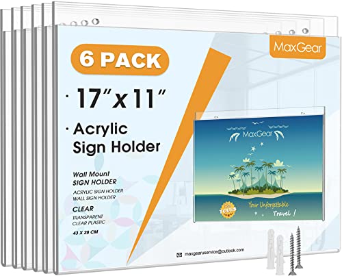 MaxGear Wall Mount Sign Holder 11 x 17 Inch, Clear Plastic Picture Frames with Mounting Screws, Door Sign Holders and Document Display Frame for Home, Office, Store, Landscape, 6 Pack