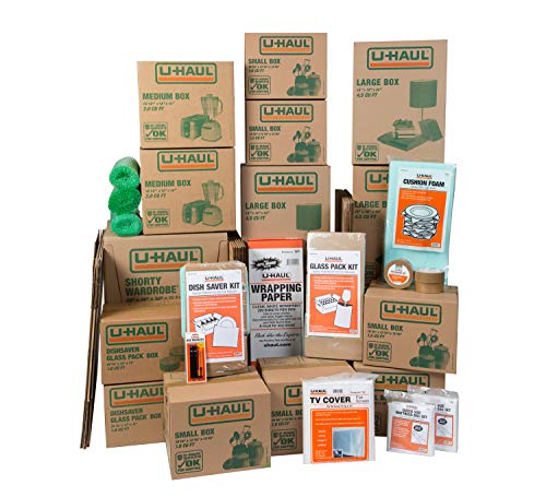 U-Haul Household Moving Kit - 36 Moving Boxes, 2 Wardrobe Boxes, 2 Dish and Glass Packing Kits, 2 Mattress Bags, Tape, and Assorted Supplies