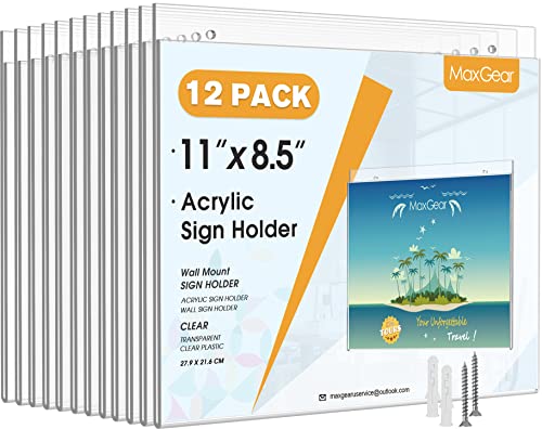 MaxGear Wall Mount Sign Holder 8.5 x 11 Inch, Clear Plastic Picture Frames with Mounting Screws, Door Sign Holders and Document Display Frame for Home, Office, Store, Landscape, 12 Pack