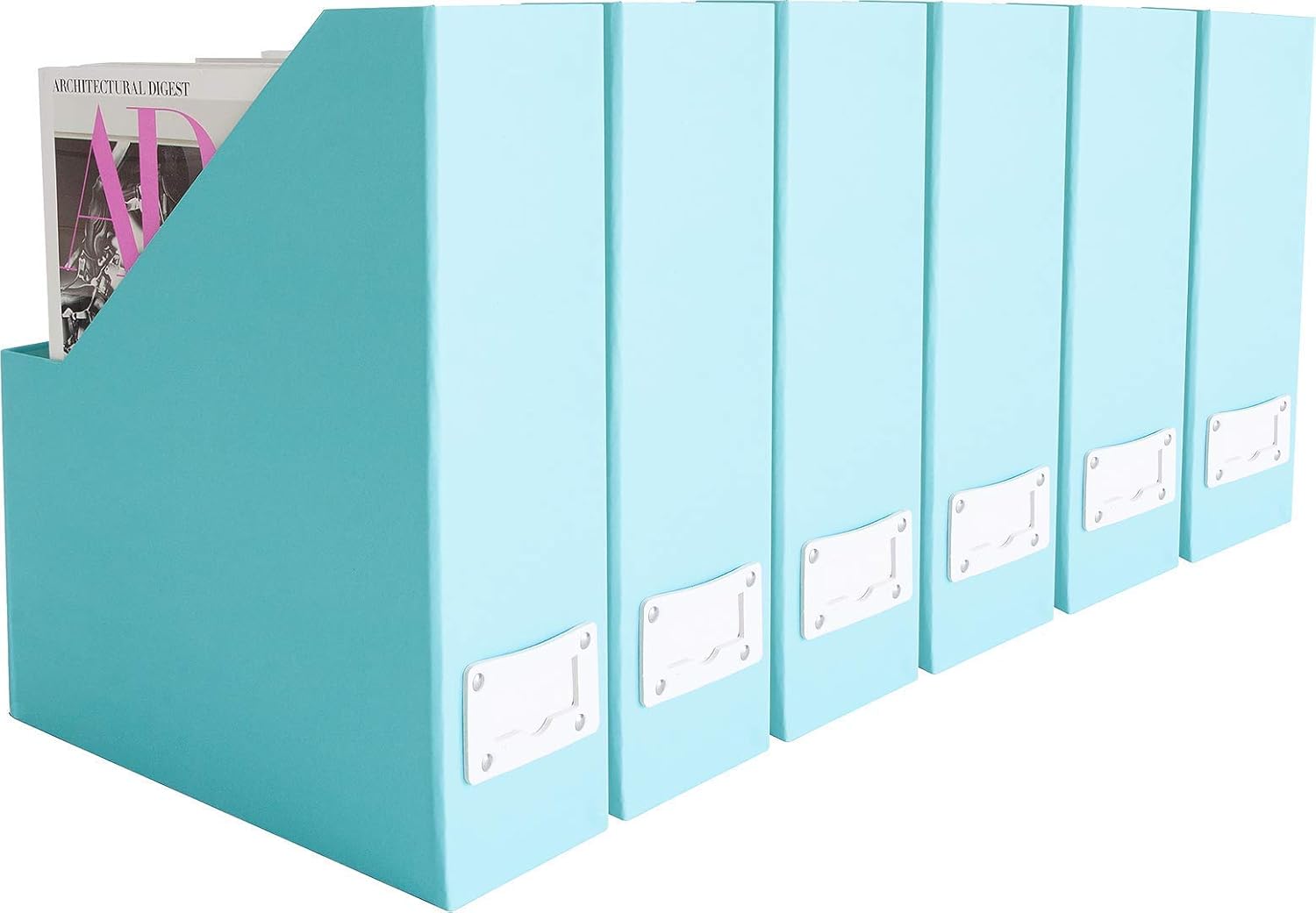 BLU MONACO Set of 6 Aqua Magazine File Holders | Foldable Magazine Storage Boxes with White Leather Label Holders | Vertical File Organizer for Desk, Shelves & Home Office