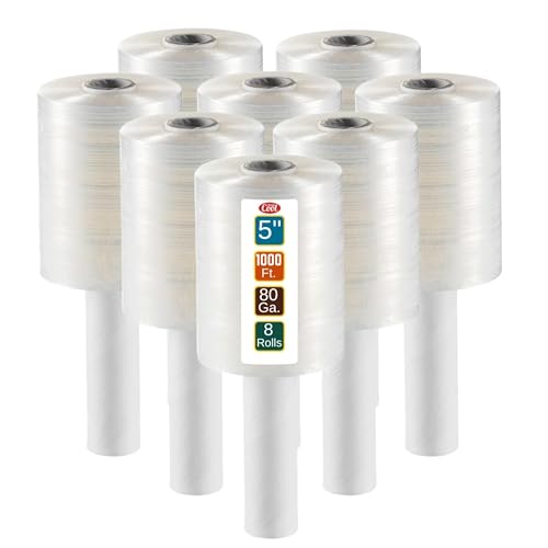8 Pack Industrial Strength Mini Hand Stretch Wrap 5" 1000 Ft. Roll 80 Gauge Thick, Shrink Wrap Roll for Moving Supplies, Furniture, Pallets, Plastic Wrap for Packing, Heavy Duty Stretch Film