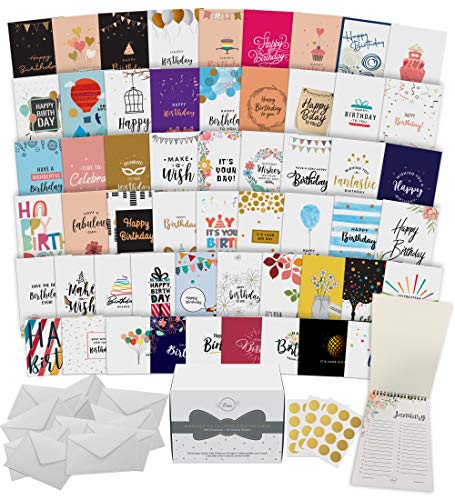 Dessie 60 Unique Birthday Cards Assortment 5x7 with Generic Birthday Greetings Inside. Suitable For Men, Women and Kids. Send As Is Or Personalize. Includes Envelopes and Gold Stickers