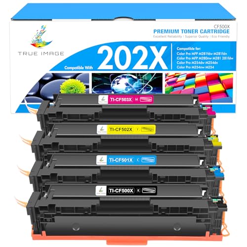 TRUE IMAGE Compatible Toner Cartridge Replacement for HP 202X CF500X CF500A 202A Color Laserjet Pro MFP M281fdw M281cdw M254dw M281fdn 281fdw M254 M281 Toner Printer (Black Cyan Yellow Magenta 4 Pack)