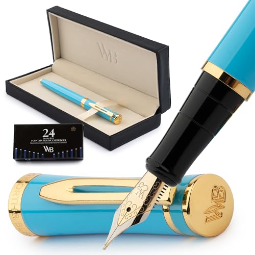 Wordsworth & Black Fountain Pen Set, Medium Nib, 24 Ink Cartridges and Ink Refill Converter, Gift Case, Journaling, Calligraphy, Smooth Writing Pens [Sky Blue, Gold Finish], Perfect for Men and Women