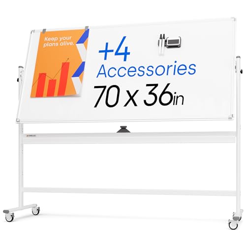 Rolling Dry Erase Board 70 x 36 - Large Portable Magnetic Whiteboard with Stand - Double Sided Easel Style Whiteboard with Wheels - Mobile Standing White Board for Office, Classroom & Home