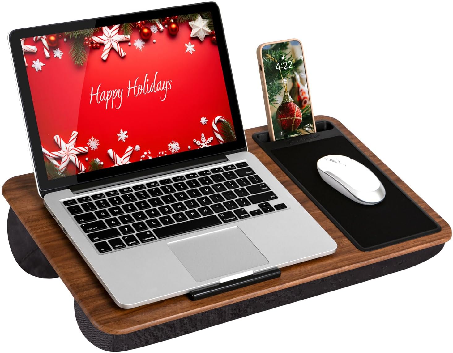 LAPGEAR Home Office Lap Desk with Device Ledge, Mouse Pad, and Phone Holder - Espresso Woodgrain - Fits up to 15.6 Inch Laptops - Style No. 91575