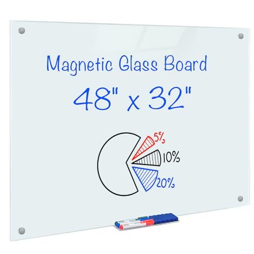 maxtek Magnetic Glass Dry Erase White Board, 48" x 32" Frameless Glass Board for Wall Mounted, Includes 6 Magnets, 3 Markers and 1 Eraser for Classroom Home, Office Supplies (White)