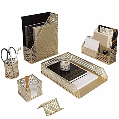 BLU MONACO Gold Desk Organizer Set  Mail Sorter, Sticky Note Holder, Pen Cup, Magazine Holder, Letter Tray & Business Card Holder  Pink Office Decor