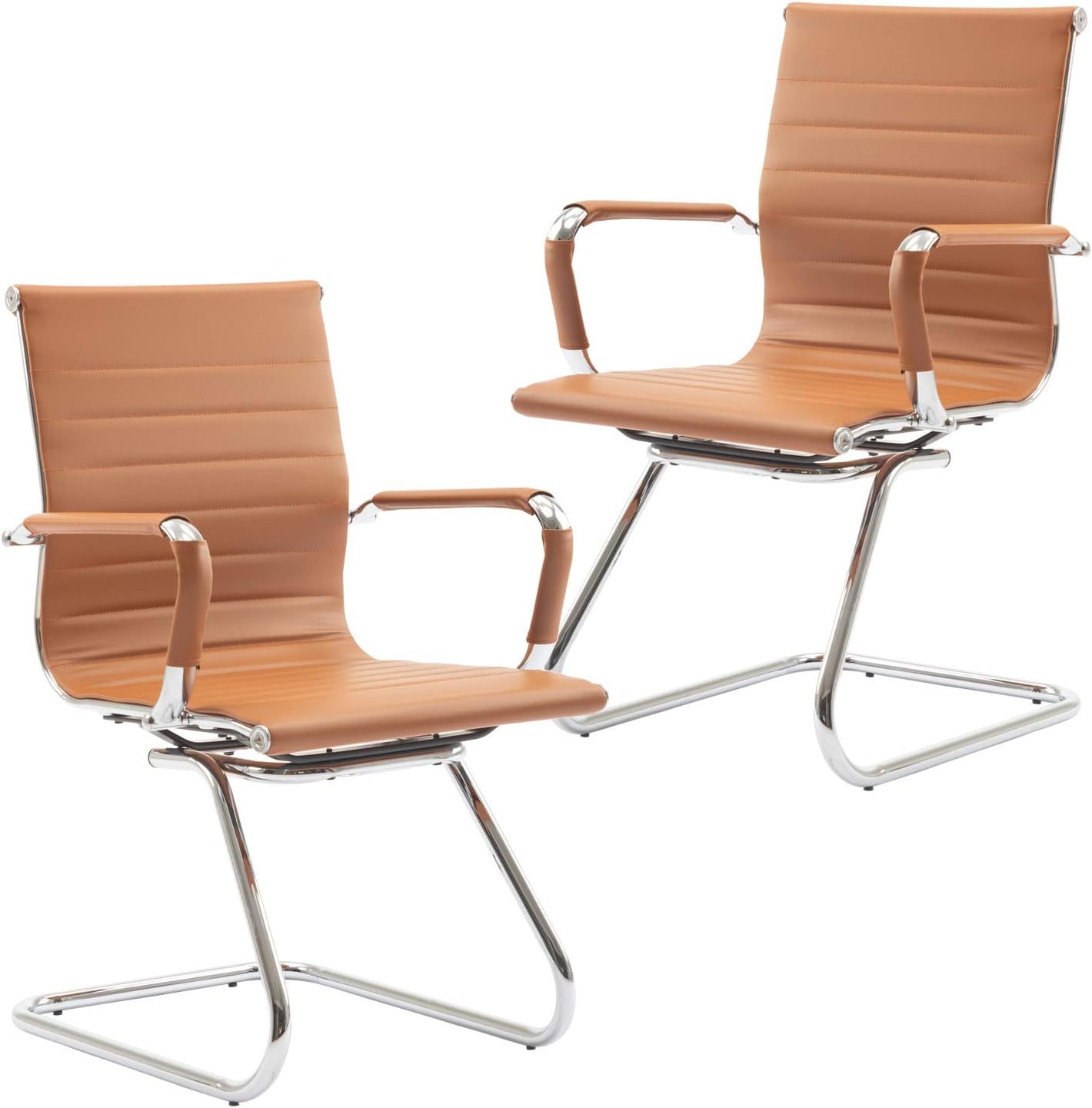 Wahson Office Guest Chairs Set of 2, Leather Reception Chairs, Mid Back Waiting Room Chair, Conference Chairs with Sled Base for Meeting/Lobby/Restroom, Terracotta