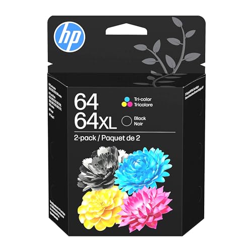 HP Original 64 Tri-Color / 64XL Black Ink Cartridges (2-pk) | Works Envy Inspire 7250e, 7950e Series Envy Photo 6200, 7100, 7800 Series