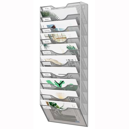 EasyPAG 10 Pocket Mesh Hanging Wall File Organizer, Easily File Managment and Classification, Space Saving Wall Mount Filing Holder for Office Home Classroom, Silver