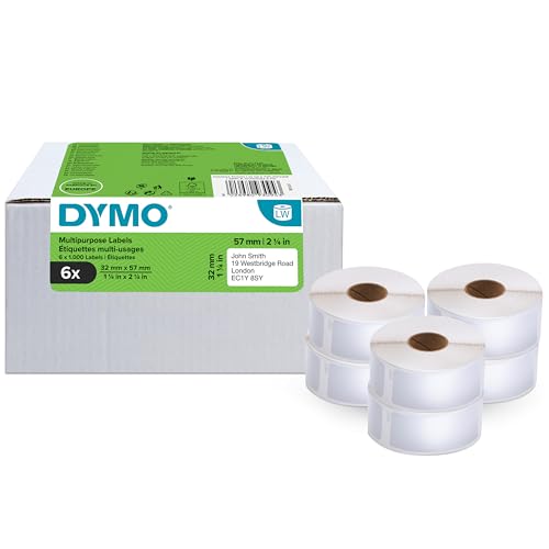 DYMO Authentic LabelWriter Multi-Purpose Labels, 32mm x 57mm, 6 Rolls of 1,000 Easy-Peel Labels (6,000 Count), Self-Adhesive, for LabelWriter Label Makers