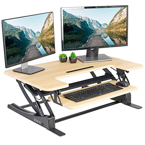 VIVO 36 inch Height Adjustable Stand Up Desk Converter, V Series, Quick Sit to Stand Tabletop Dual Monitor Riser Workstation, Light Wood Top, Black Frame, DESK-V000VO