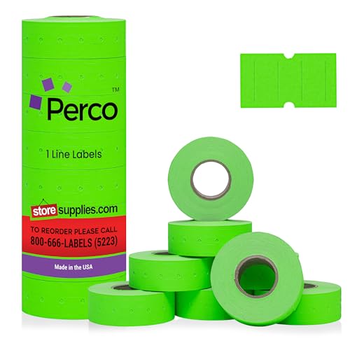 Perco 1 Line Fluorescent Green Labels - 8 Rolls, 1 Sleeve, 8,000 Blank Price and Date Gun Labels for Perco 1 Line Price and Date Guns - Made in USA