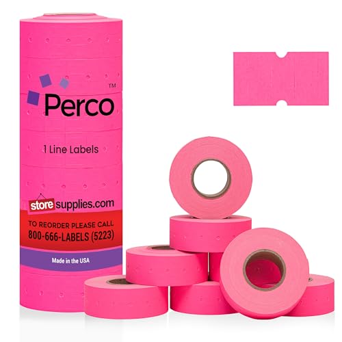 Perco 1 Line Fluorescent Pink Labels - 8 Rolls, 1 Sleeve, 8,000 Blank Price and Date Gun Labels for Perco 1 Line Price and Date Guns - Made in USA