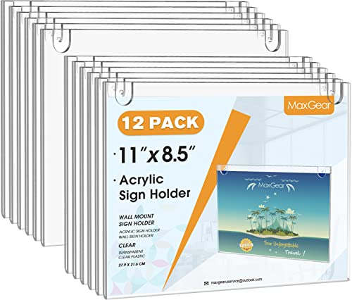MaxGear Acrylic Sign Holder 8.5 x 11 Inch, Wall Mount Sign Holders Clear Plastic Picture Frame with Adhesive Tapes and Screws for Office, Home, Store, Restaurant, Landscape, 12 Pack