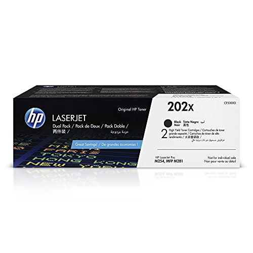HP 202X Black High-yield Toner Cartridges for HP Printers (2-pack) | Works with Color LaserJet Pro M254, Color LaserJet Pro MFP M281 Series | CF500XD