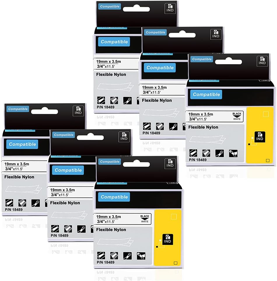 18489 a18489 Labels Replace for DYMO Industrial Flexible Nylon Labels 3/4" Black on White Compatible with DYMO Rhino 5200 Label Printer,Rhino 4200, Rhino 5000 6000 Lable Maker, 6-Pack