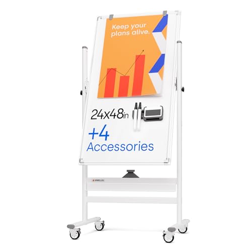 Rolling Dry Erase Board 24 x 48 - Large Portable Magnetic Whiteboard with Stand - Double Sided Easel Style Whiteboard with Wheels - Mobile Standing White Board for Office, Classroom & Home