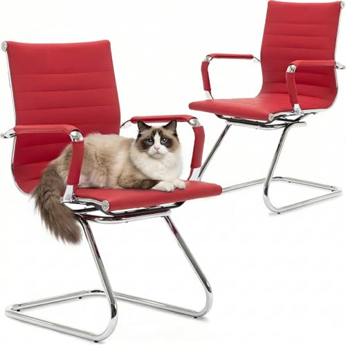 Wahson Office Guest Chairs Set of 2, Leather Reception Chairs, Mid Back Waiting Room Chair, Conference Chairs with Sled Base for Meeting/Lobby/Restroom, Dark Red