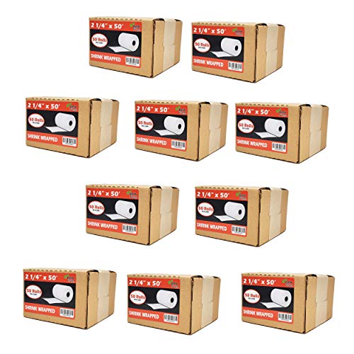 (500 Rolls) 2 1/4 x 50 Thermal Paper Receipt Rolls 55 GSM Premium Quality German Paper fits all Credit Card Terminals Verifone VX520 Ingenico ICT220 ICT250 BPA Free from BuyRegisterRolls