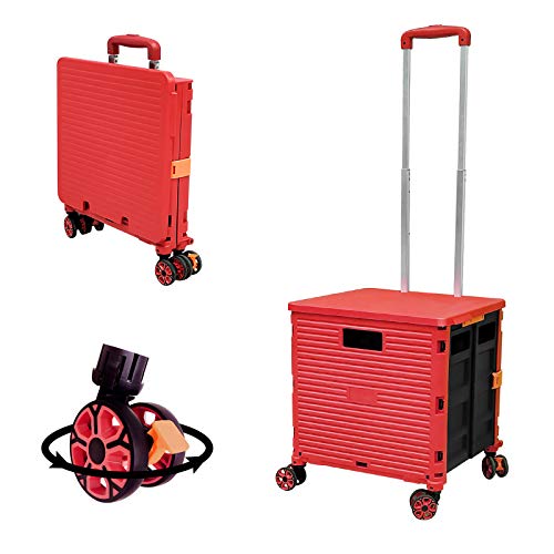 FELICON SELORSS Foldable Utility Cart Folding Portable Rolling Crate Handcart with Durable Heavy Duty Plastic Telescoping Handle Collapsible 4 Rotate Wheels for Travel Shop Move Luggage Office (Red)