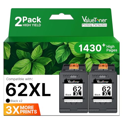 Valuetoner 62XL Ink Cartridges Black for HP Ink 62 for HP 62XL Black Ink Cartridges Work with Envy 7640 7645 5660 5540 5544 5640 7644 OfficeJet 200 250 280 OfficeJet 5740 5741 8040 Series (2-Black)