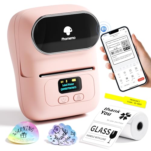 Phomemo Label Printer - M110 Thermal Label Printer Barcode Label Maker Mini Bluetooth Sticker Printer for Small Business, Home, Office, Logo, Address, Name Tag, Clothing, Organizing, Pink
