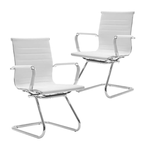Reception Chairs Leather Conference Chairs No Wheels Back Support Heavy Duty Office Guest Chair, Set of 2 (White)