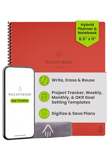 Rocketbook Fusion Reusable Undated Productivity Planner, Letter Size 8.5x11, Red - Goals, Monthly and Weekly Calendar, Daily To-do List, Lined and Dotted Notes Pages