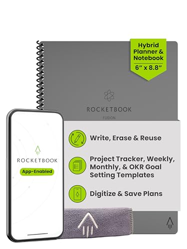 Rocketbook Fusion Reusable Undated Productivity Planner, Executive Size 6x8.8, Gray - Goals, Monthly and Weekly Calendar, Daily To-do List, Lined and Dotted Notes Pages