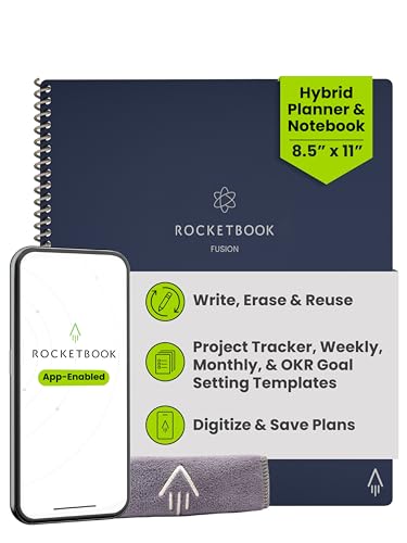 Rocketbook Fusion Reusable Undated Productivity Planner, Letter Size 8.5x11, Navy Blue - Goals, Monthly and Weekly Calendar, Daily To-do List, Lined and Dotted Notes Pages