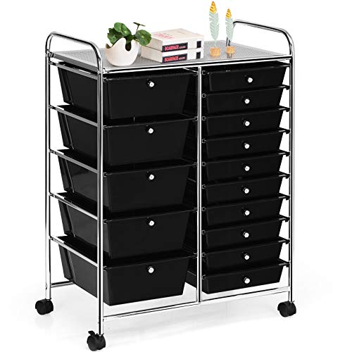 HAPPYGRILL 15-Drawer Rolling Cart, Storage Carts with Removable Drawers & Steel Frame, Utility Cart on Lockable Wheels for Home, School, Office, Black