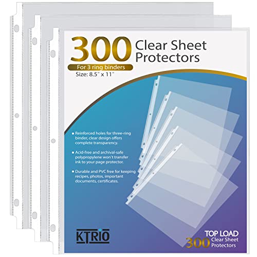 KTRIO Sheet Protectors 8.5 x 11 inch Clear Page Protectors for 3 Ring Binder, Plastic Sleeves for Binders, Top Loading Paper Protector Letter Size, 300 Pack