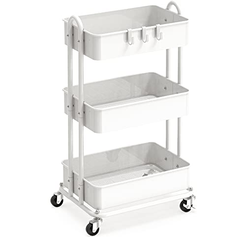 Simple Houseware 3-Tier Heavy Duty Metal Utility Rolling Cart, White