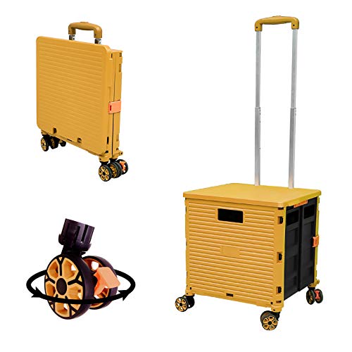 FELICON SELORSS Foldable Utility Cart Folding Portable Rolling Crate Handcart with Durable Heavy Duty Plastic Telescoping Handle Collapsible 4 Rotate Wheels for Travel Shop Move Luggage Office(Yellow)