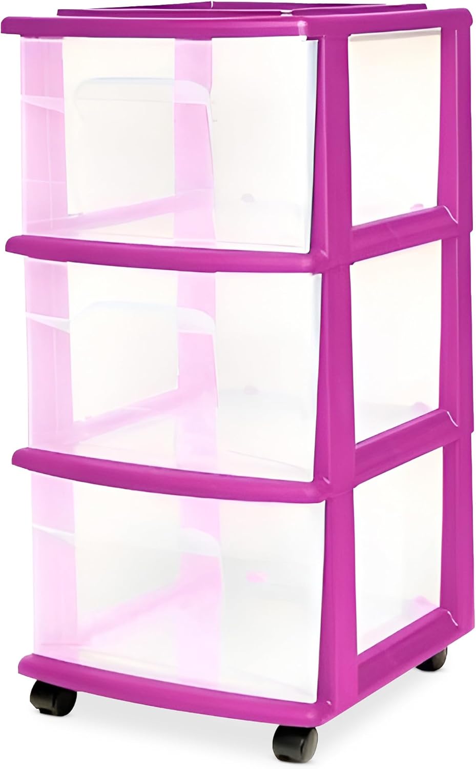 HOMZ Drawer Tower, 3-Tier Clear Plastic Storage Organizer Cart, Purple Frame - Rolling Drawer Containers
