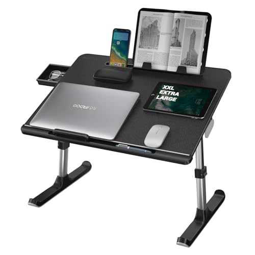 Laptop Desk for Bed, NEARPOW XXL Bed Table for Laptop and Writing, Adjustable Computer Tray Foldable Laptop Stand for Bed or Sofa W/Anti-Slip Faux Leather,Removable Stopper, Book Stand & Drawer Black
