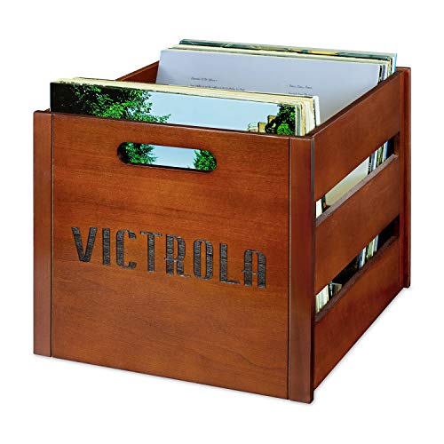 Victrola Wooden Record Crate  Tabletop Vinyl Album Holder, No-Tool Assembly, Holds Over 50 Records, Real Wood Construction, Elegant Design (Wood)