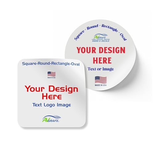 Avgrafx 110 Round or Square Custom Personalized Stickers Labels Vinyl Waterproof Dishwasher Safe, Made USA, Any Text or Image (4x4 Inches)