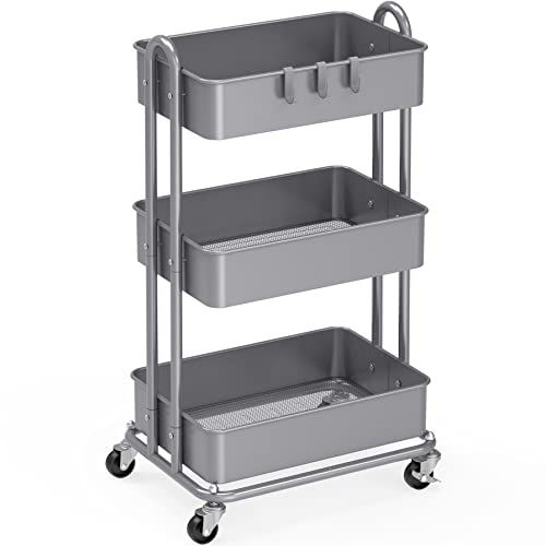 Simple Houseware 3-Tier Heavy Duty Metal Utility Rolling Cart, Silver