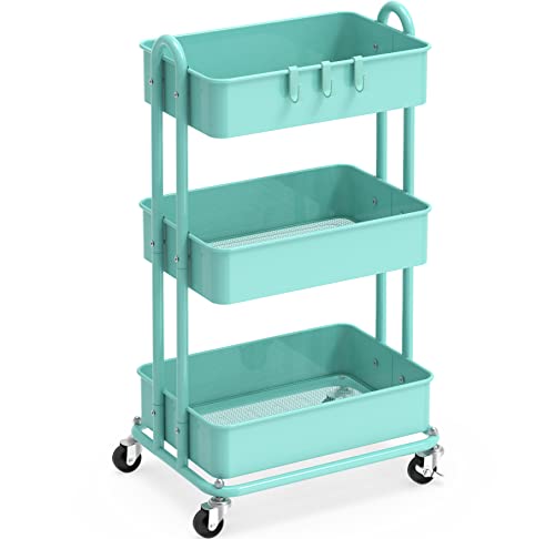 Simple Houseware 3-Tier Metal Utility Rolling Cart (Turquoise)