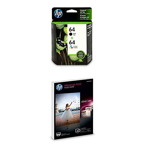 HP 64 Black & Tri-Color Inks + HP Premium Photo Paper, Glossy, 25 Sheets, 4x6