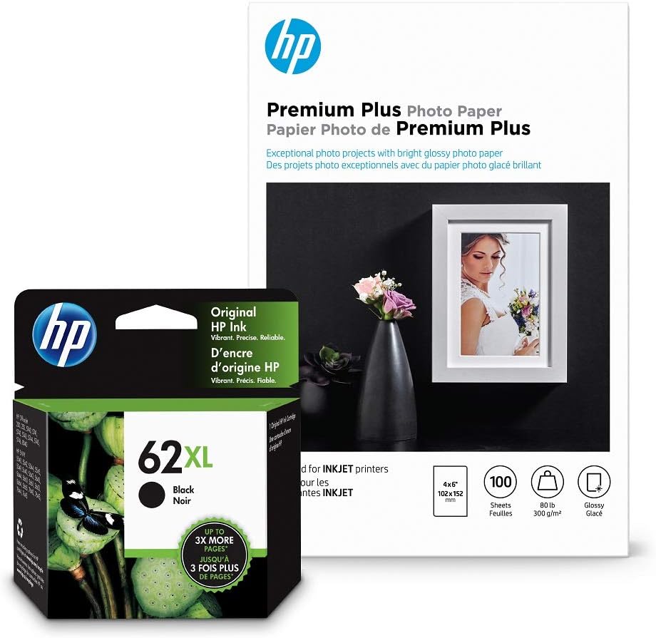 HP 62XL Black Ink Premium Plus Photo Paper (4x6, 100)