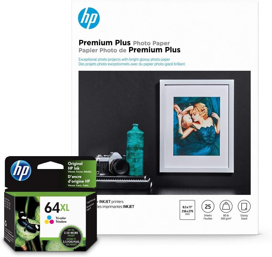 HP 64XL Tri-Color Inks + HP Premium Plus Photo Paper, Glossy, 25 Sheets, 8.5x11
