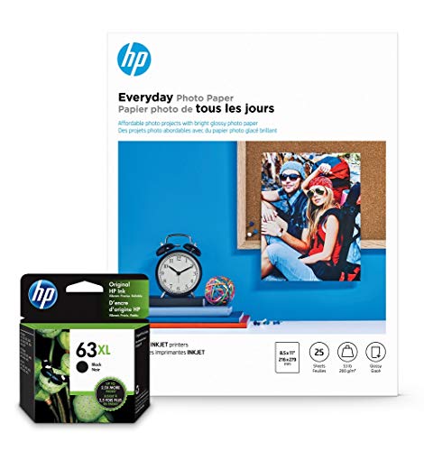 HP 63XL Black Ink + HP Everyday Photo Paper, Glossy, 25 Sheets, 8.5x11
