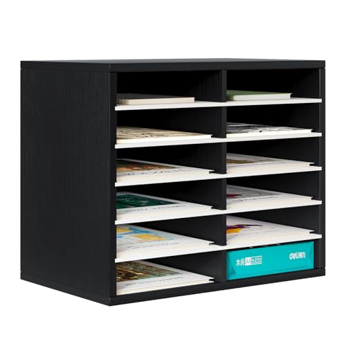 PAG Countertop Mail Sorter Organizer, Wooden Literature Organizer, Student Mailbox for Classroom, Desktop Bill Organizer for Office Home School, 12 Compartments, Black&White